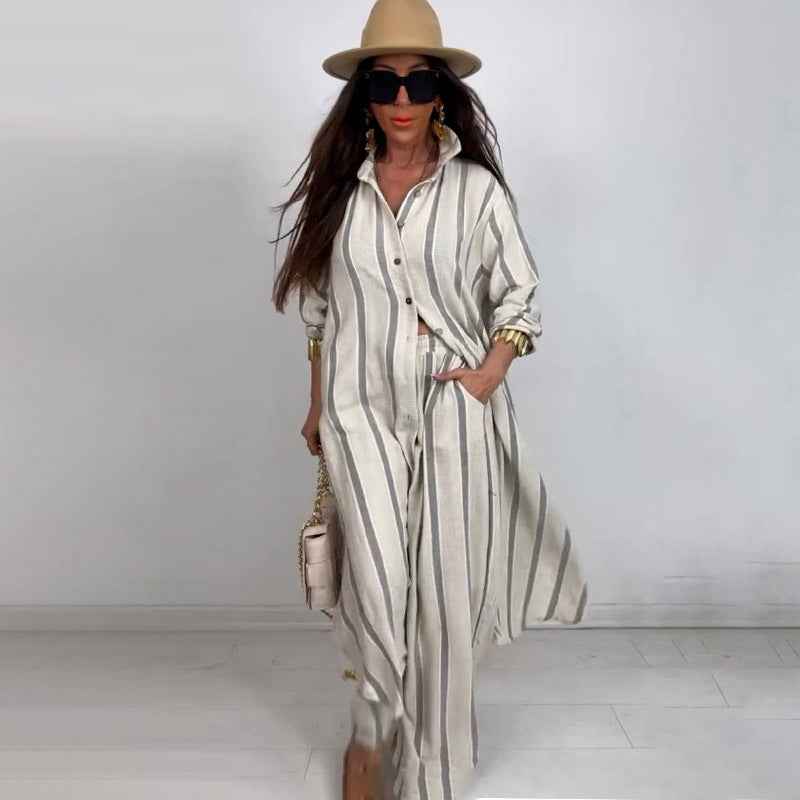 Elegant and sexy V-neck top+printed wide leg pants two-piece set