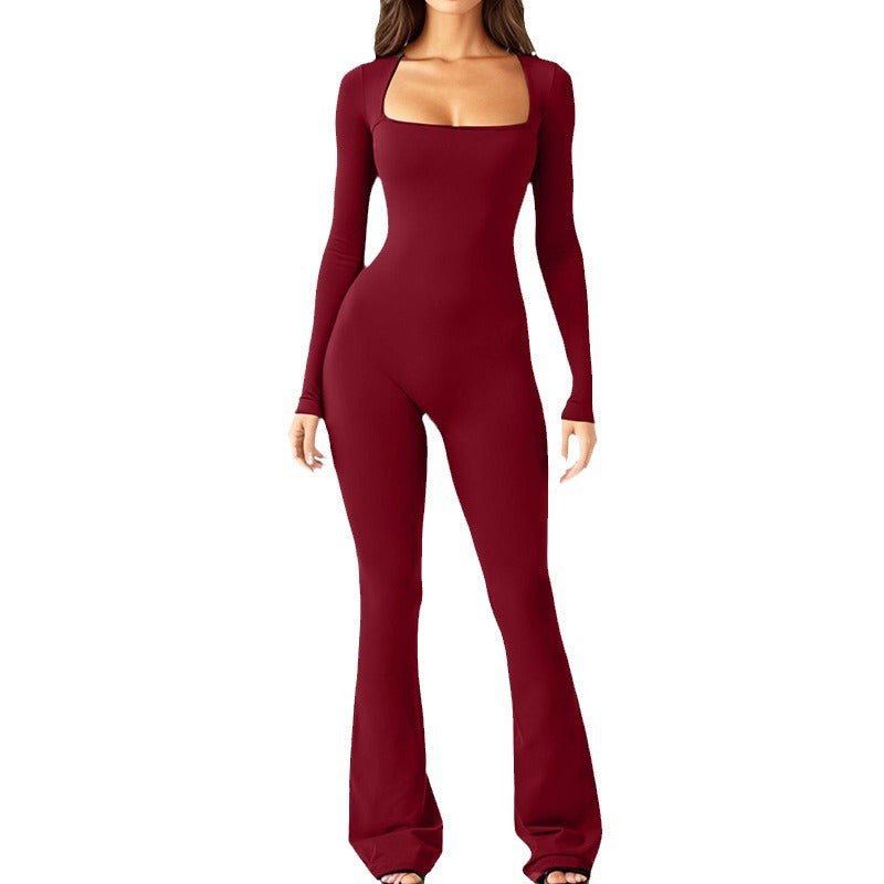 Women's Long Sleeve Waist-Cinching High-Elastic Square Neck Wide-Leg Jumpsuit