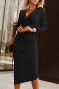 Black Long Sleeves Wrap V Neck Ruched Sheath Midi Dress