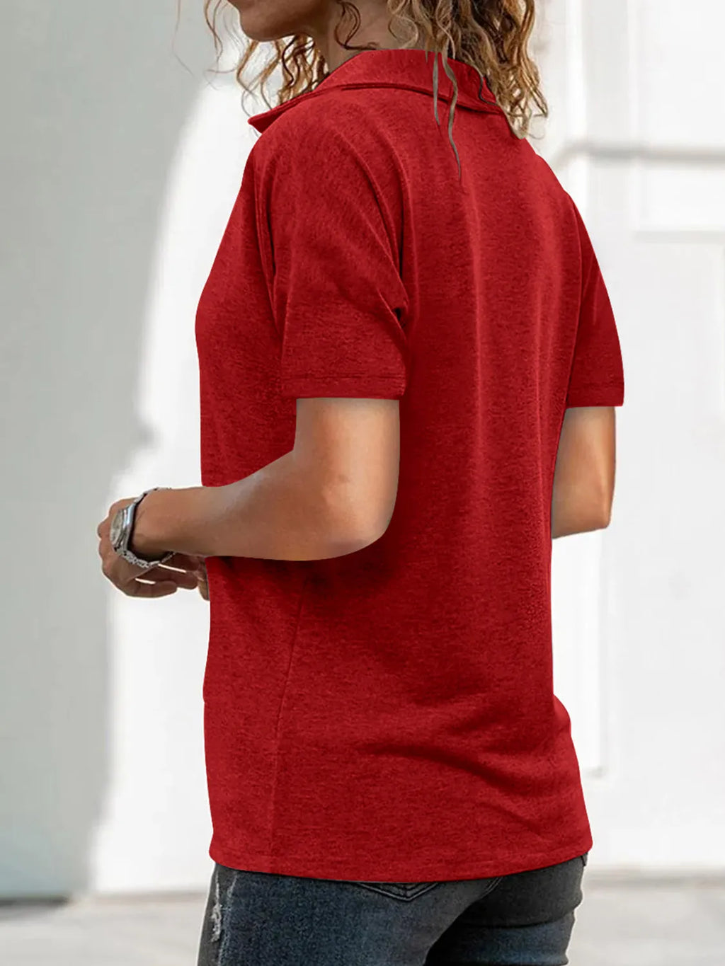 Zip Collar Short Sleeve Top.