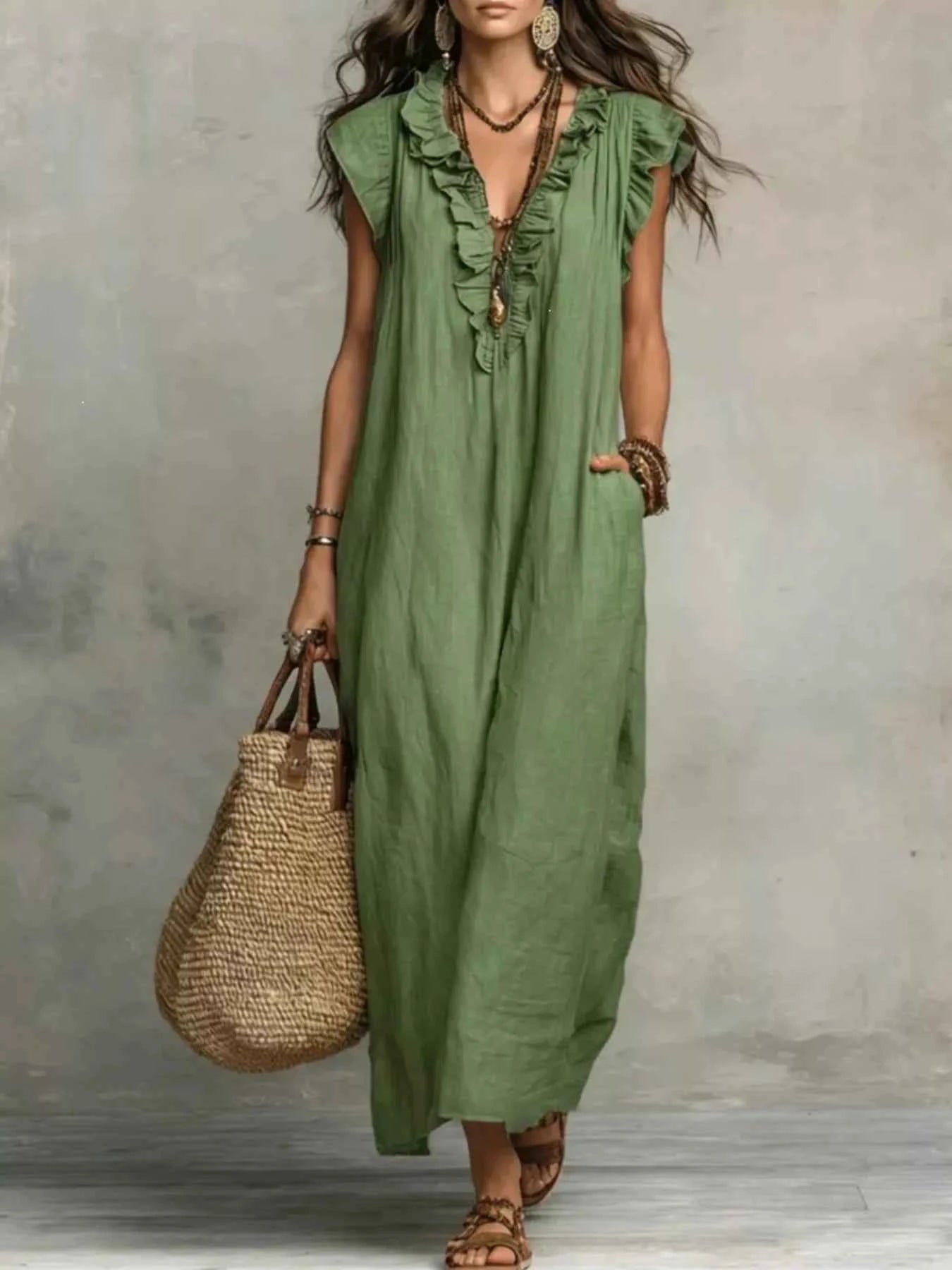 Full Size Ruffled V-Neck Cap Sleeve Maxi Dress Plus Size