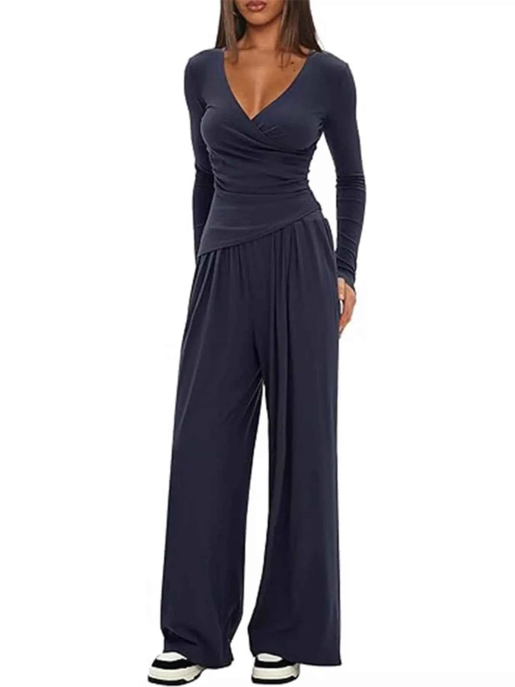 Casual Long Sleeve Top and Wide Leg Pants Set