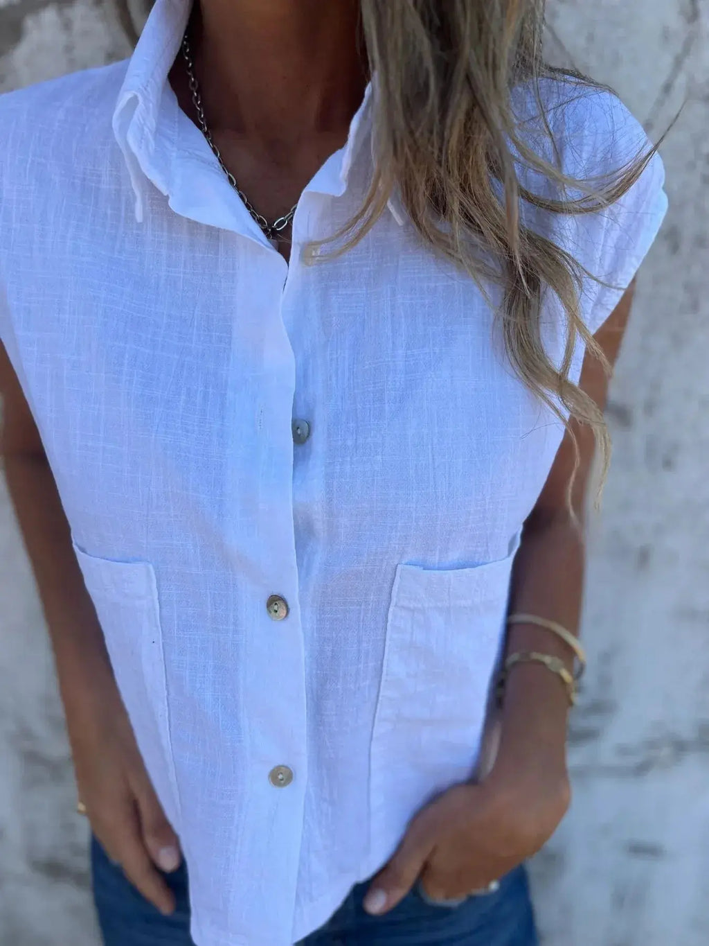 Full Size Textured Button-Front Sleeveless Shirt Plus Size.