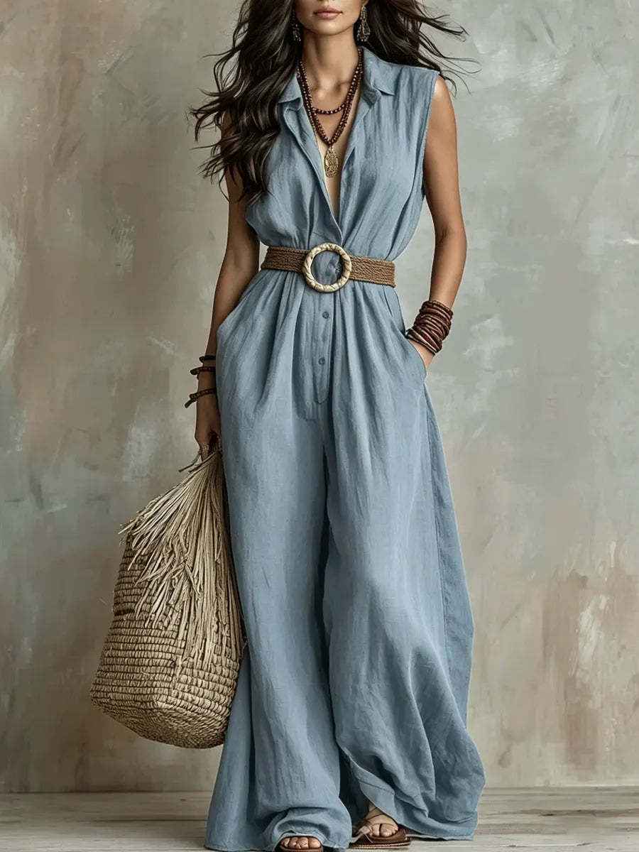 Loose-fit V-neck Sleeveless Solid-color Casual Elegant Button-front Womens Jumpsuit