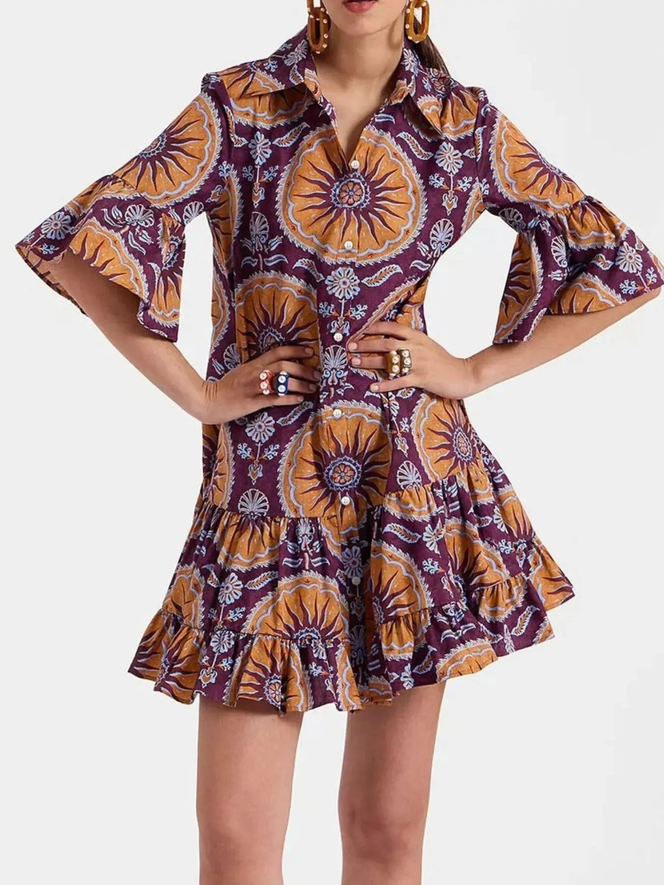 Floral Print Ruffle Sleeve Mini Dress.