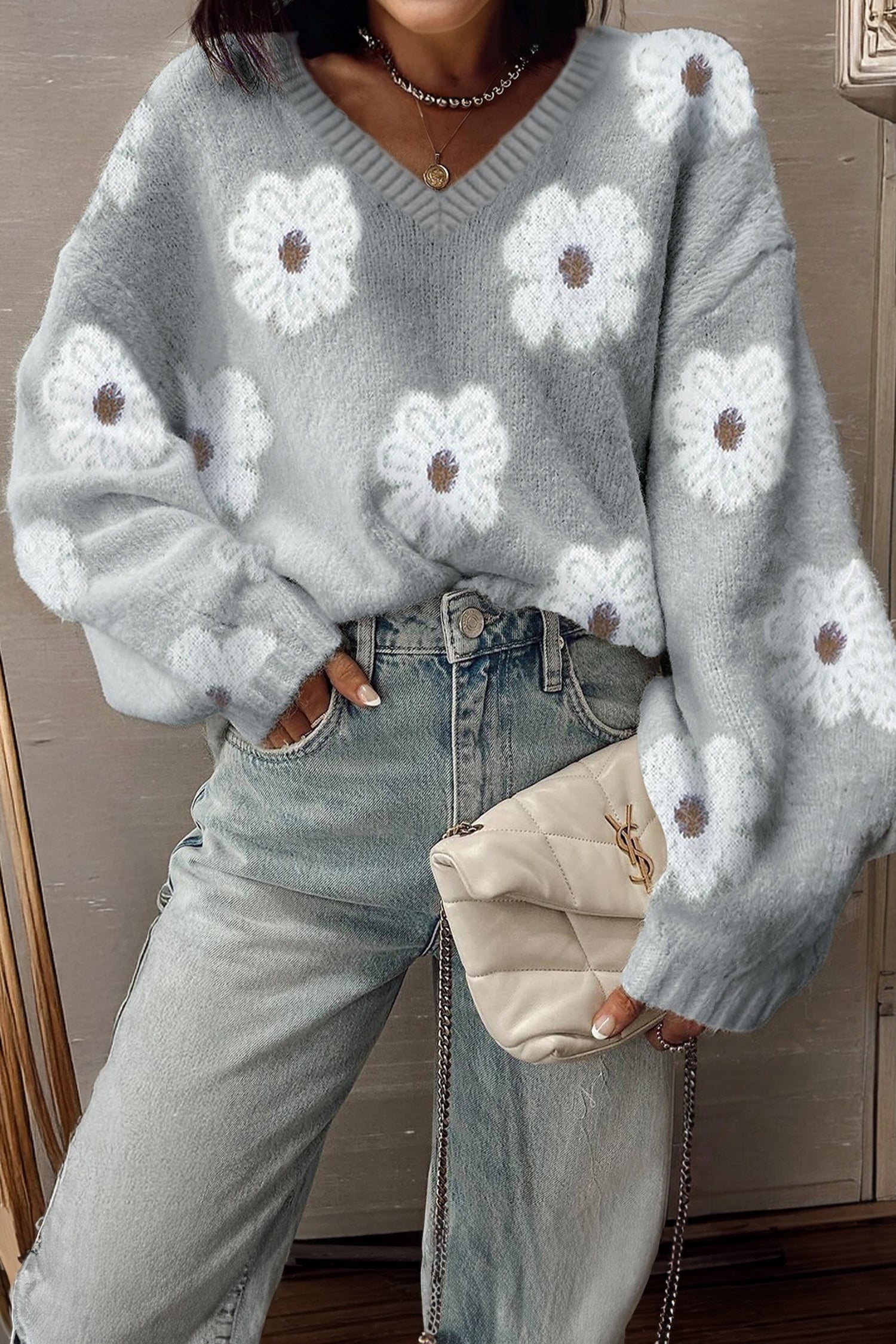 Gray Cute Flower Print V Neck Drop Shoulder Baggy Sweater