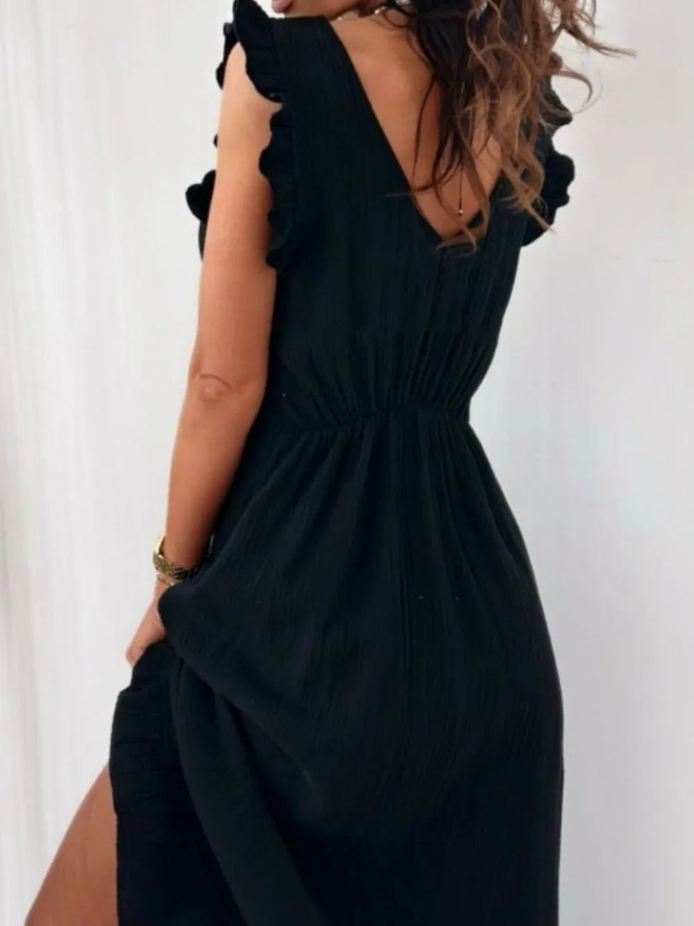 Ruffled V-Neck Cap Sleeve Maxi Dress.