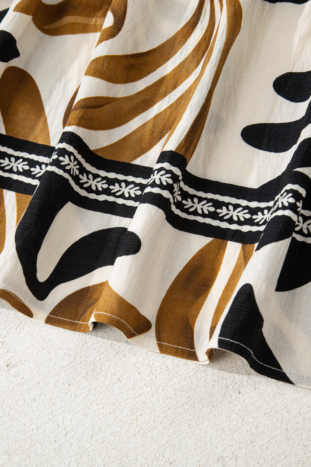 Brown Tropical Printed Contrast Trim Neck Long Sleeve Ruffle Hem Dress