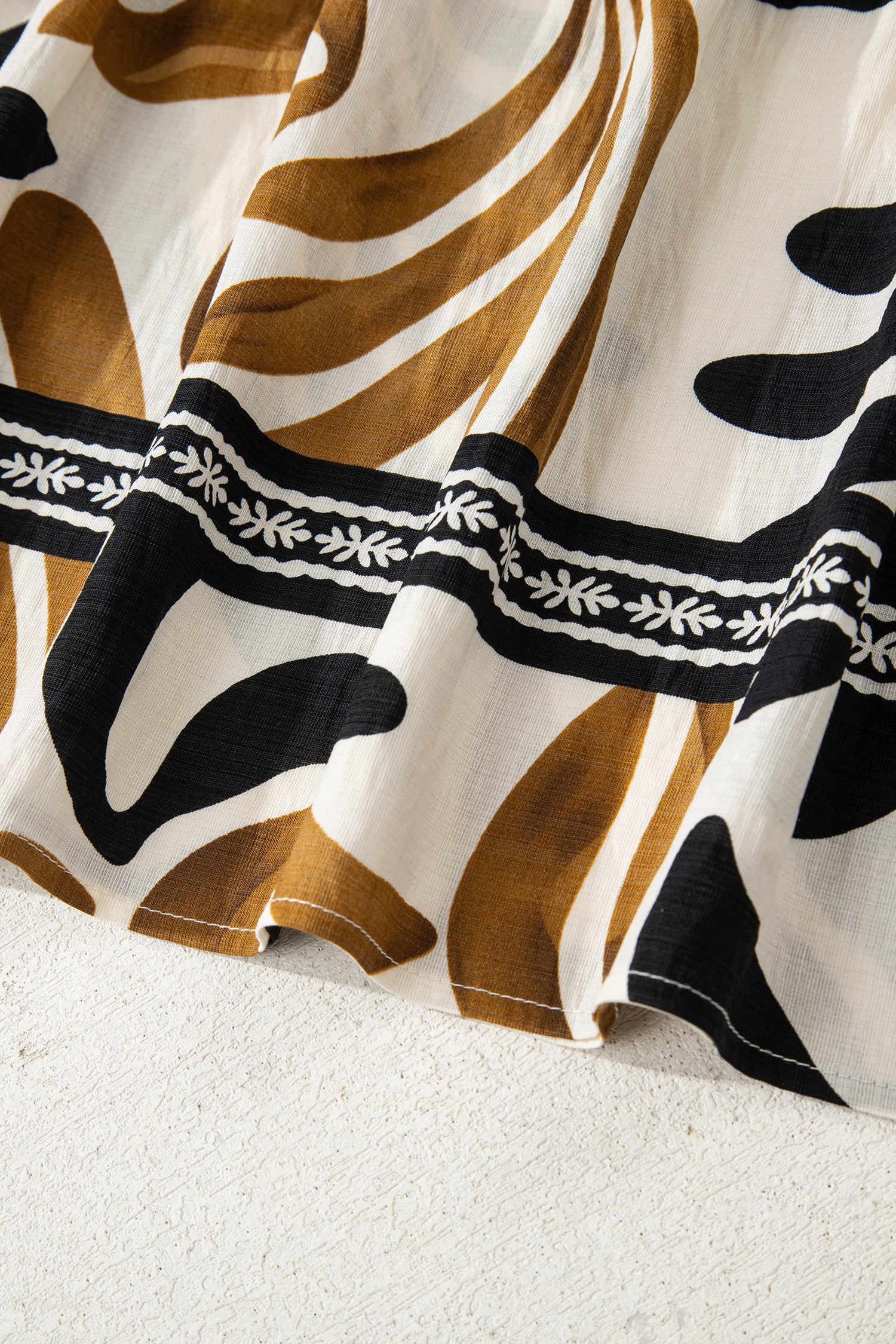 Brown Tropical Printed Contrast Trim Neck Long Sleeve Ruffle Hem Dress