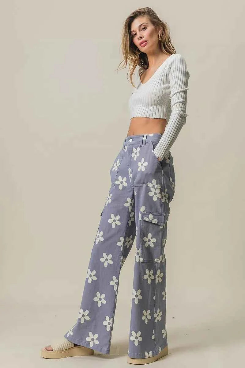 BiBi Flower Printed Side Pocket Wide Pants