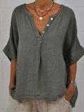 Cotton-linen Solid-color Door-cuff V-neck Button-up Shirt