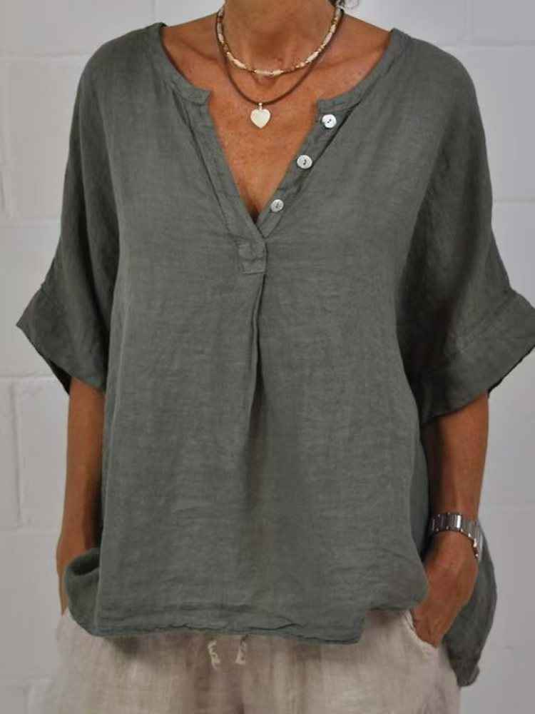 Cotton-linen Solid-color Door-cuff V-neck Button-up Shirt