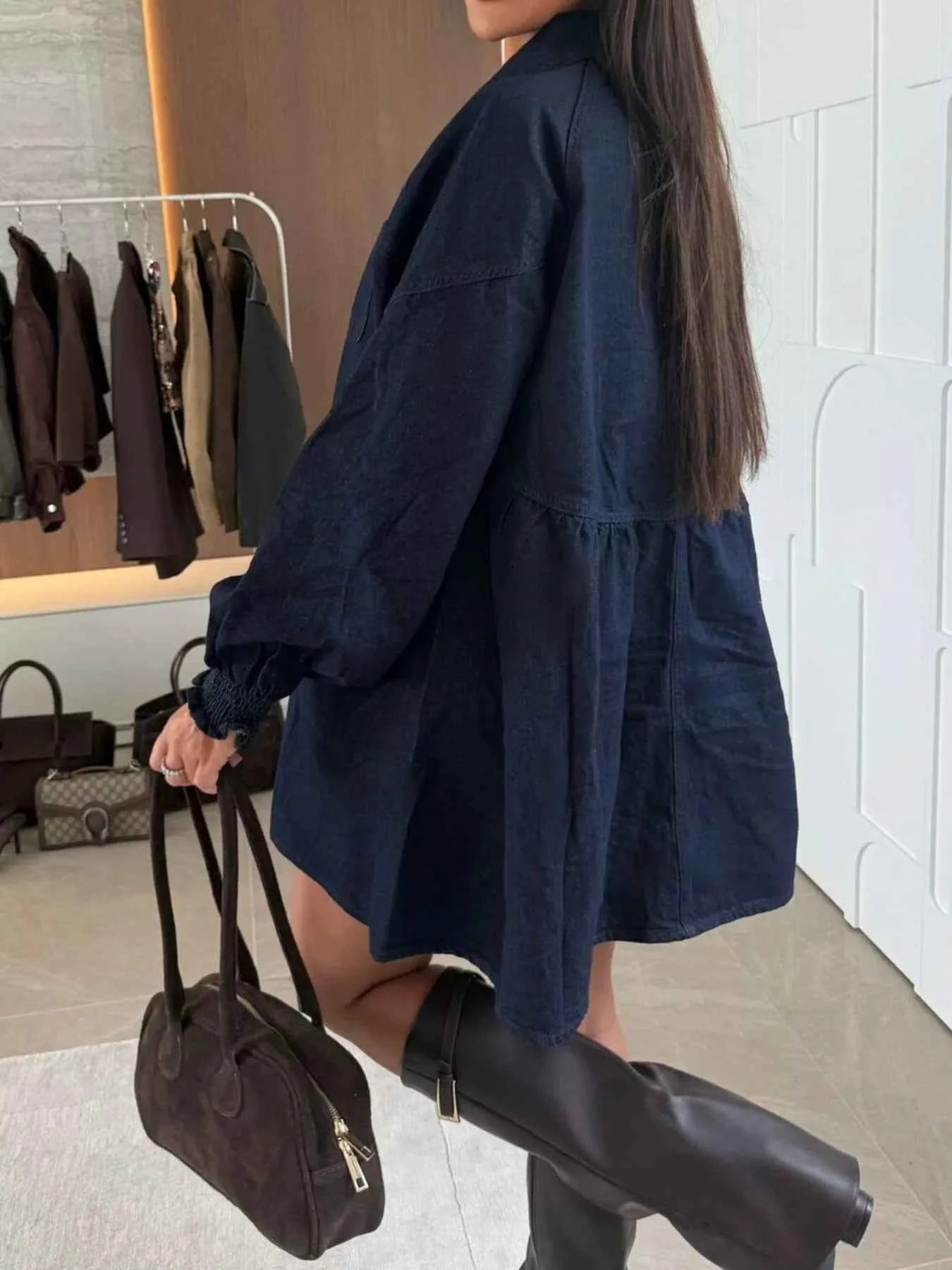 Button Down Mini Denim Dress with Front Pockets