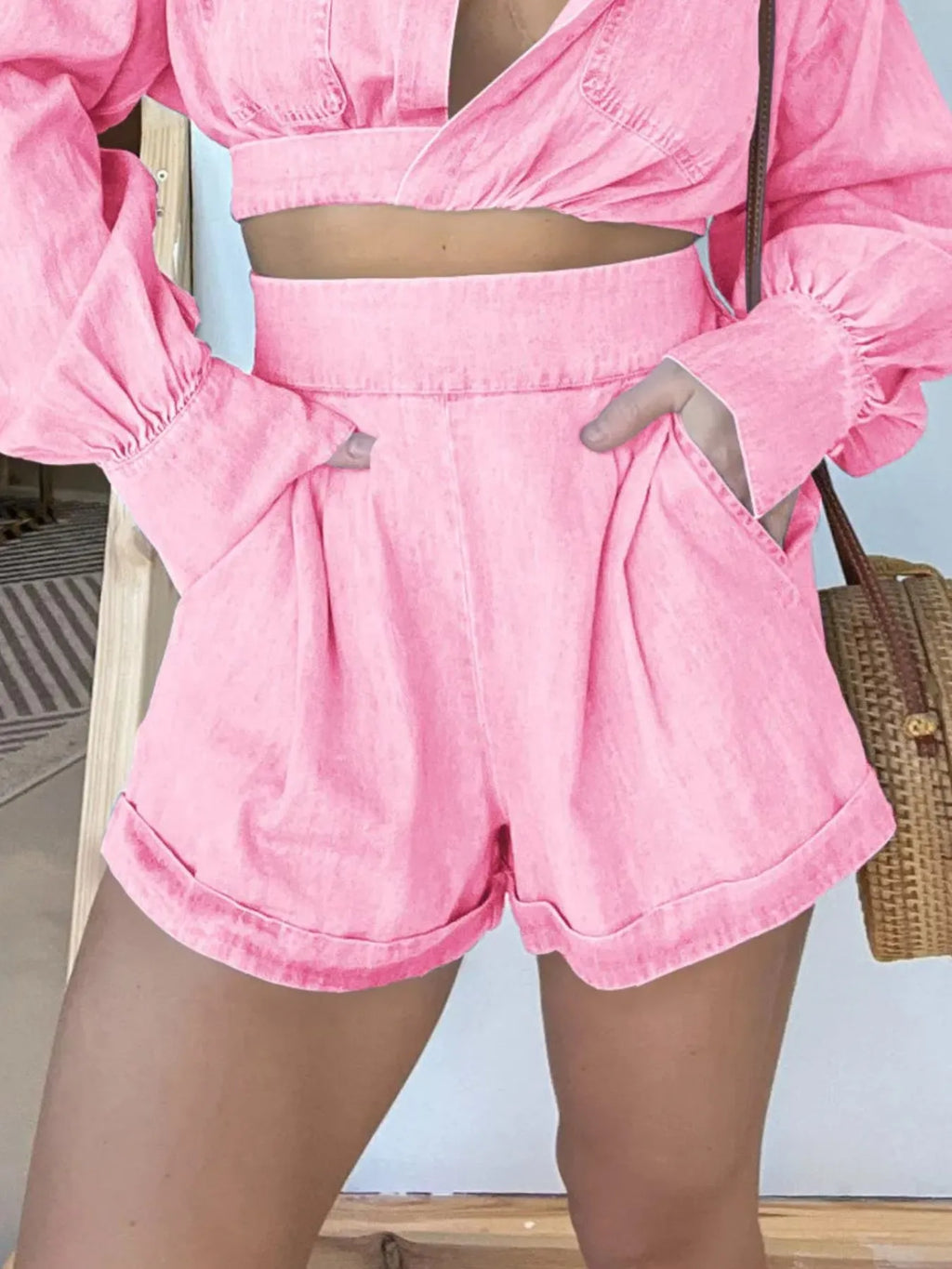 Long Sleeve Top and Shorts Denim Set Plus Size for women.