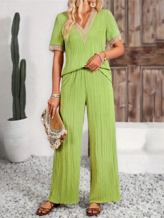 V-Neck Short Sleeve Top and Pants Set - CHIC TB