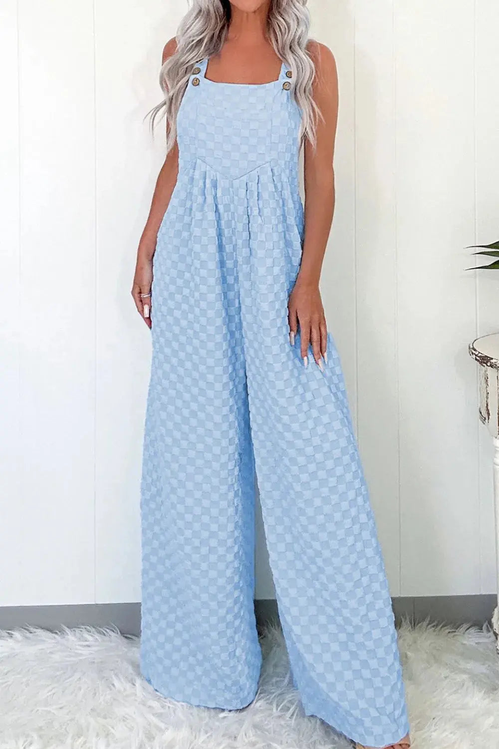 Checkered Pocketed Wide Leg Overalls.