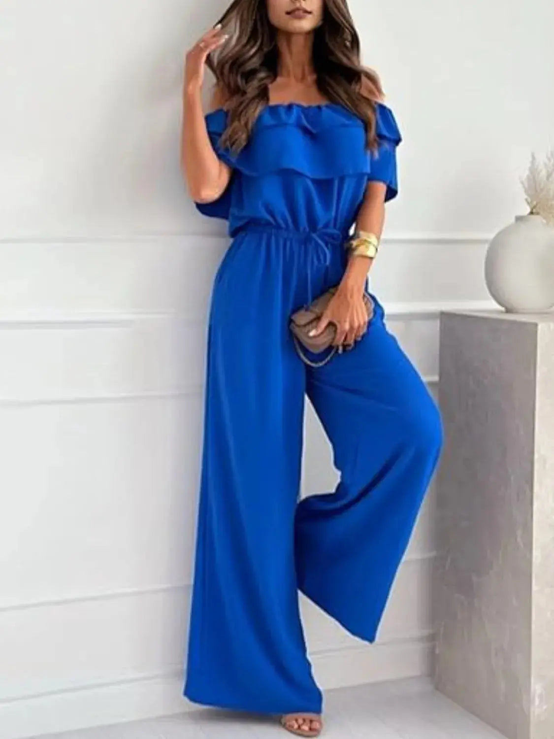 Off-Shoulder Ruffled Wide Leg Jumpsuit.