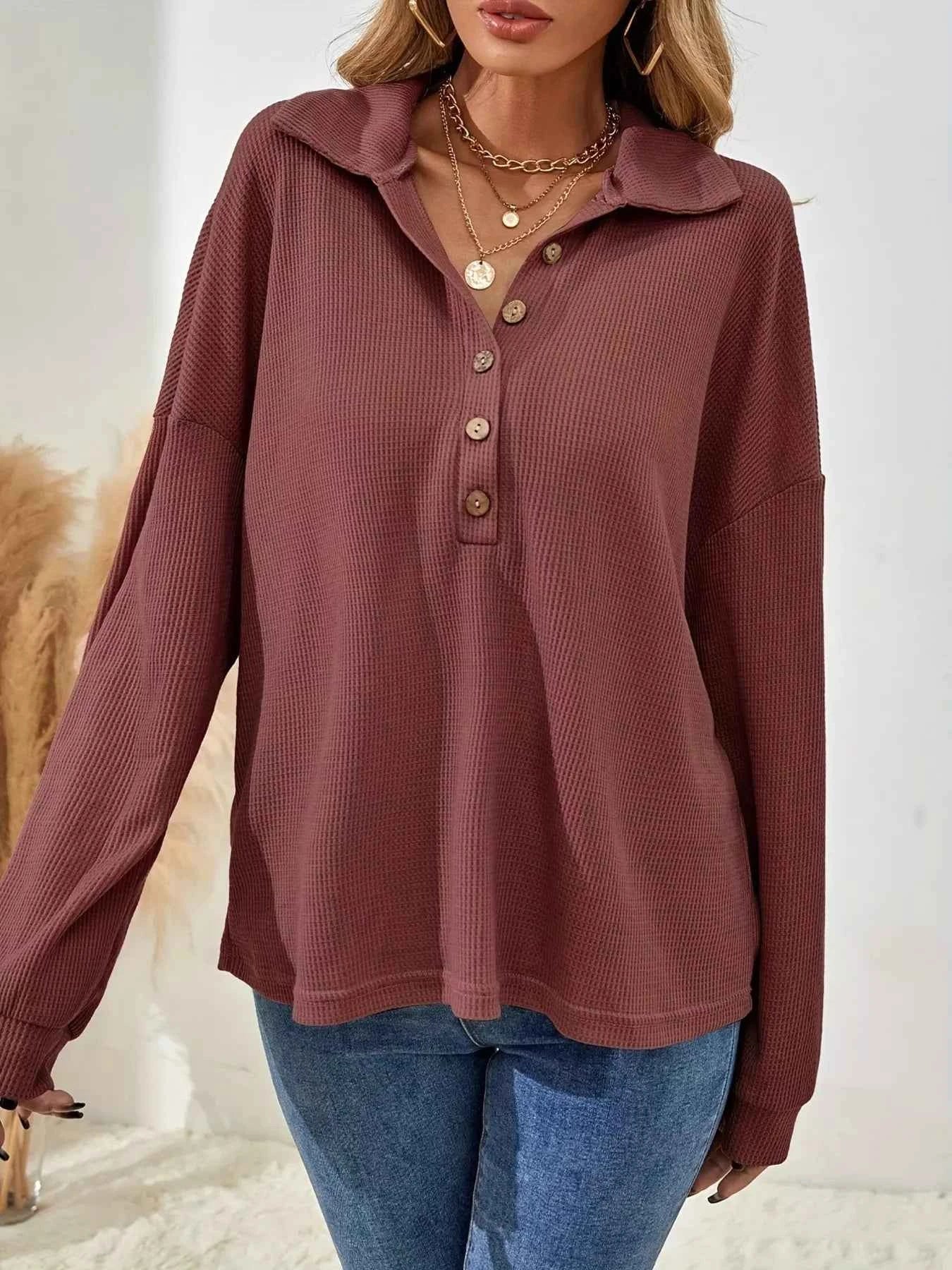 Button-Front Waffle Knit Polo Sweatshirt