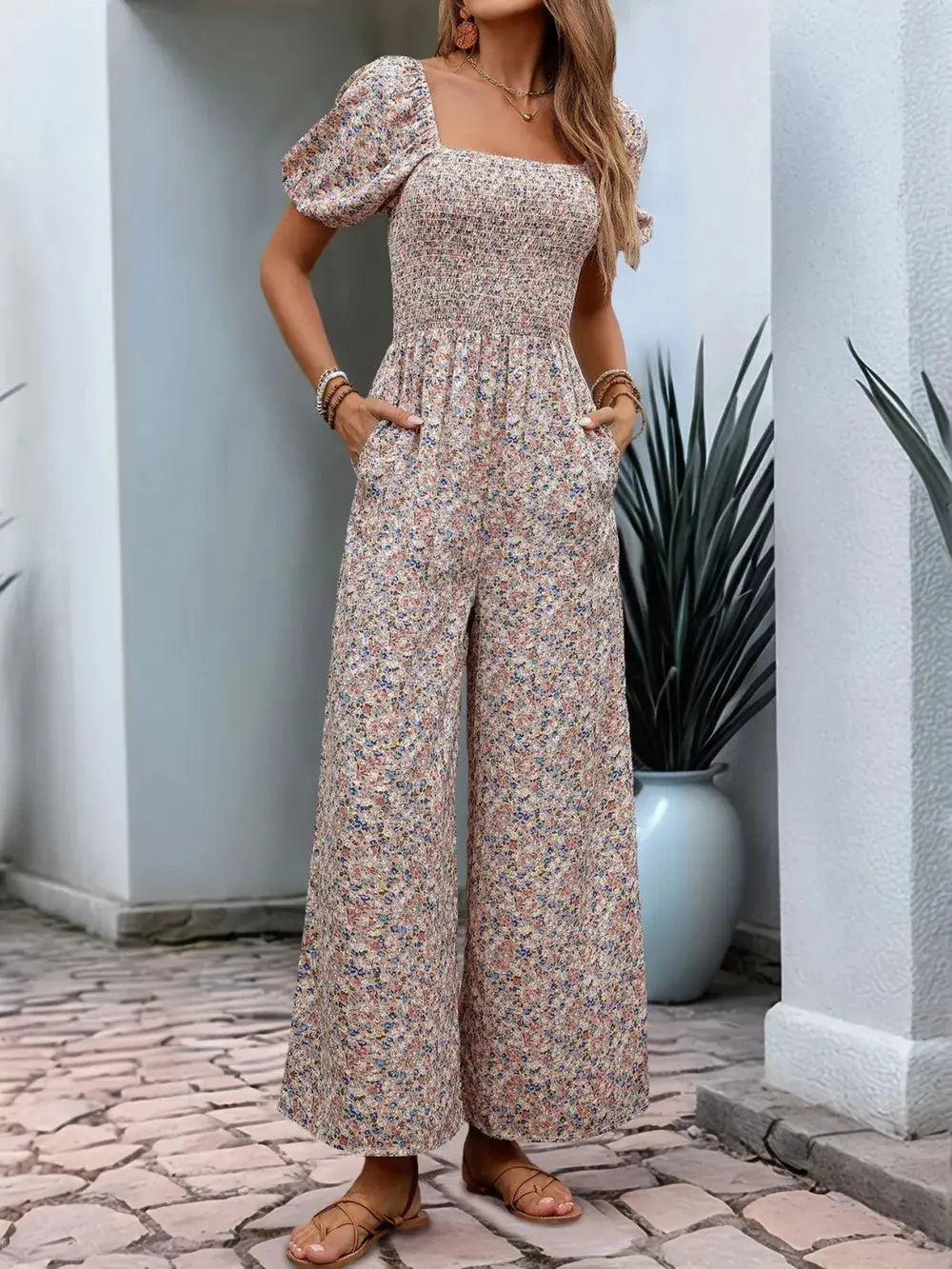 Perfee Ditsy Floral Smocked Square Neck Puff Sleeve Jumpsuit.