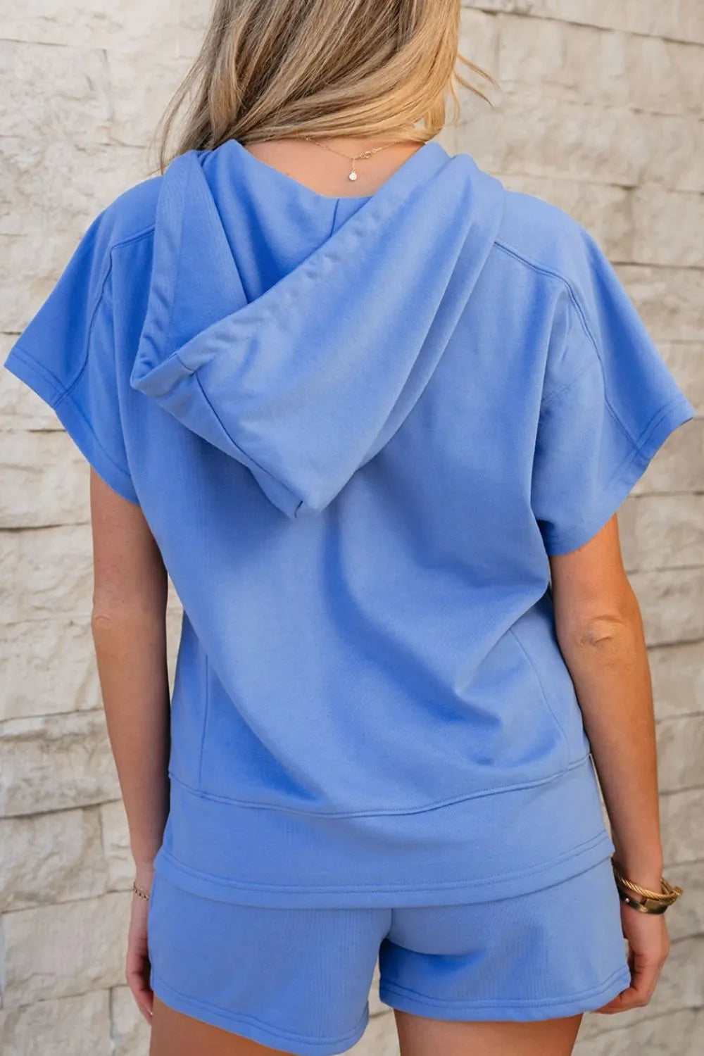 Drawstring Zipped Short Sleeve Hoodie and Shorts Set.