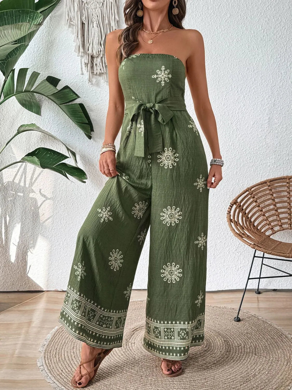 Printed Wide Leg Tube Jumpsuit - CHIC TB