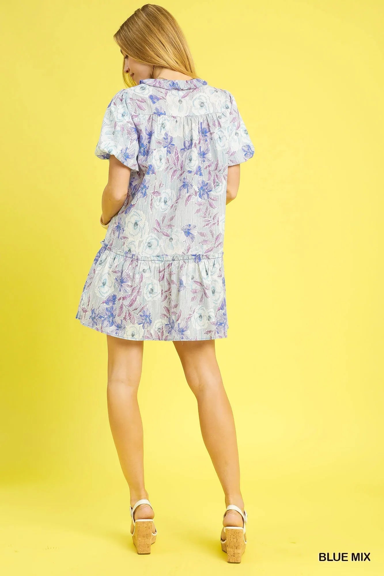Umgee Floral Ruffled Puff Sleeve Mini Dress.