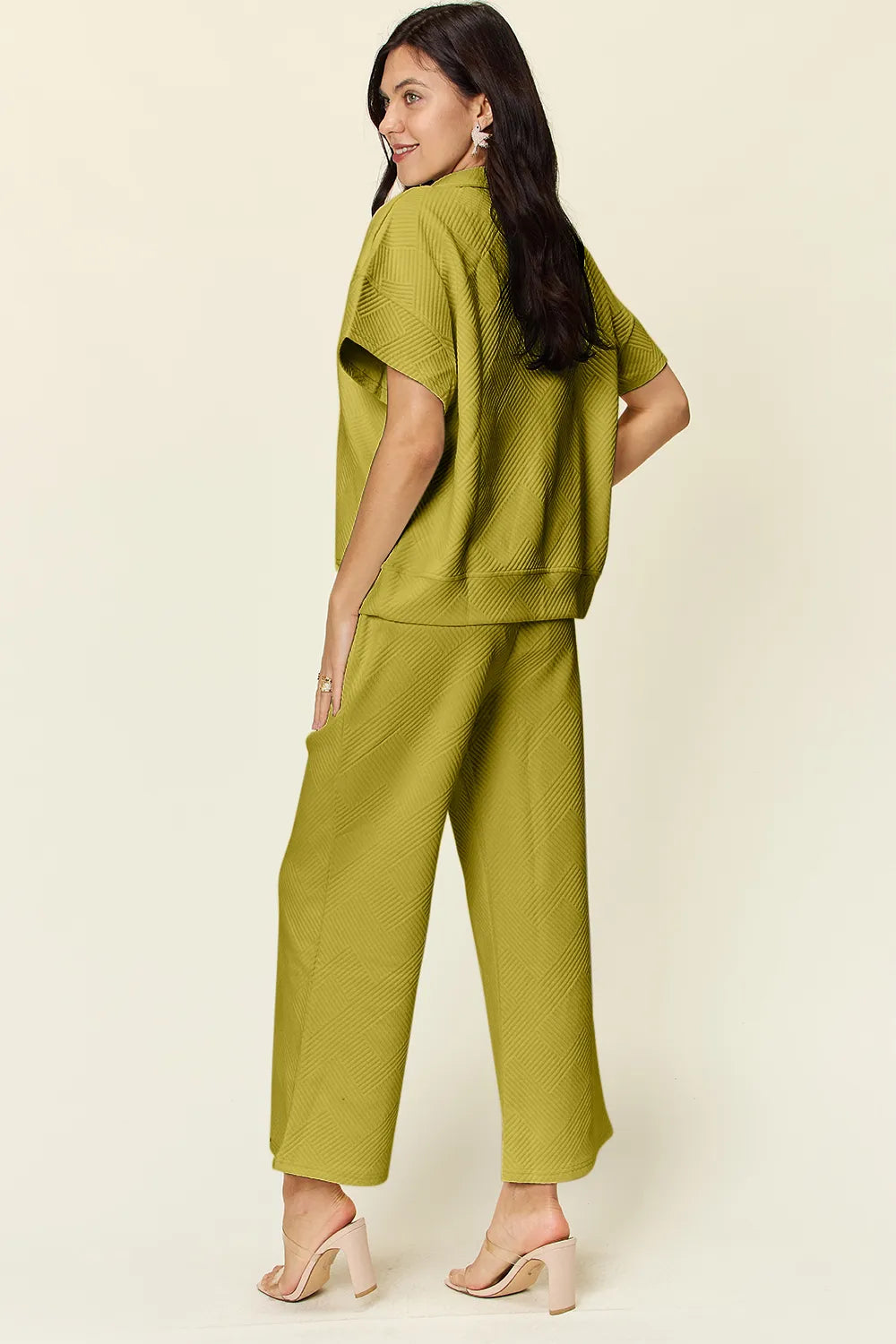 Double Take Full Size Texture Half Zip Short Sleeve Top and Pants Set - CHIC TB