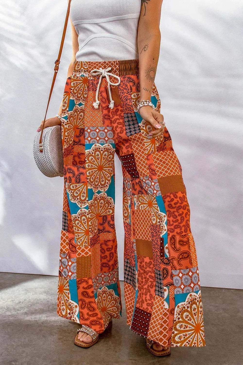 Full Size Drawstring Printed Wide Leg Pants.