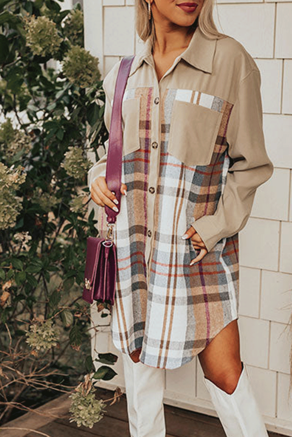 Khaki Plaid Patchwork Long Sleeve Shirt Mini Dress Dear-Lover Dropshipping