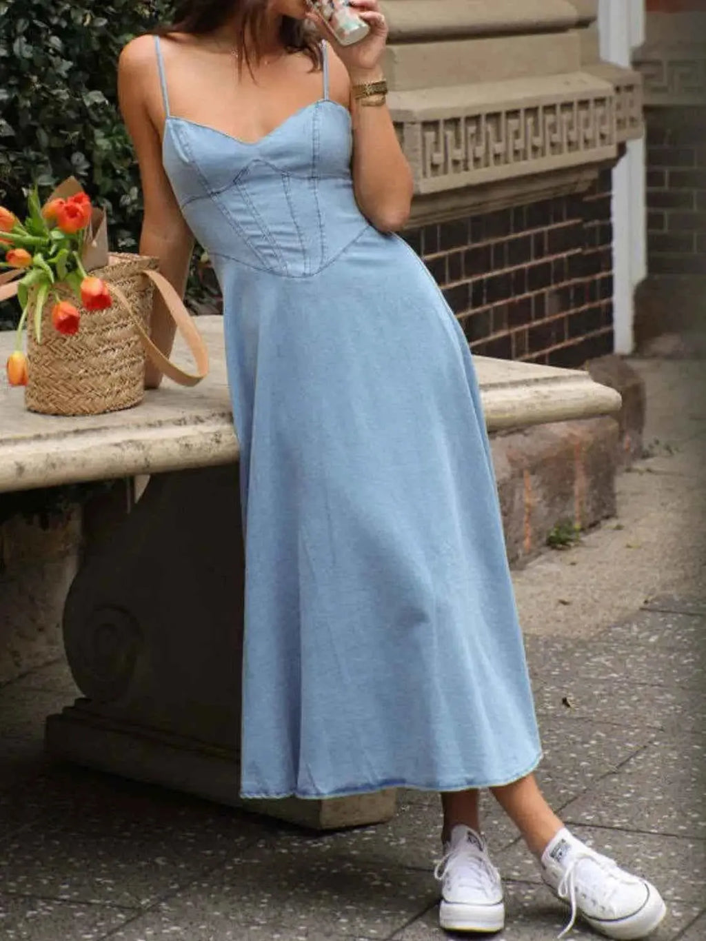 Smocked Sweetheart Neck Midi Cami Dress.