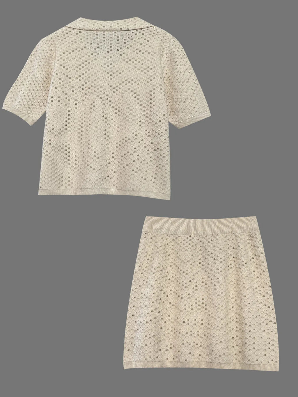 Openwork Button Up Top and Skirt Sweater Set.