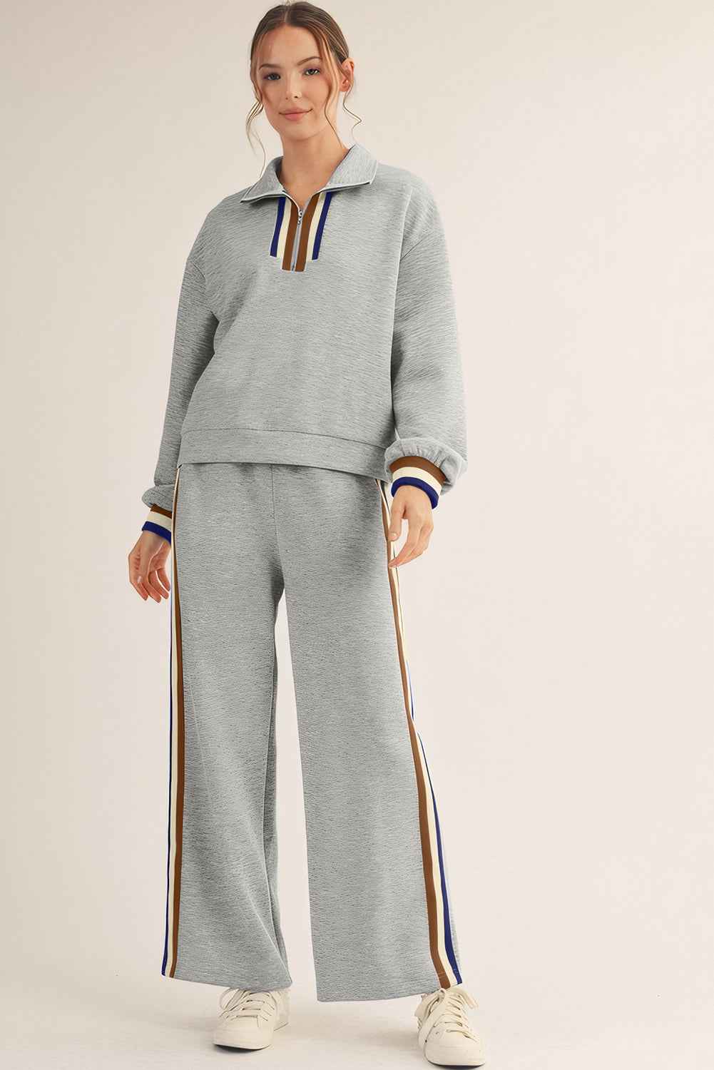 Gray Striped Patchwork Quarter Zip Pullover Loose Pant Set