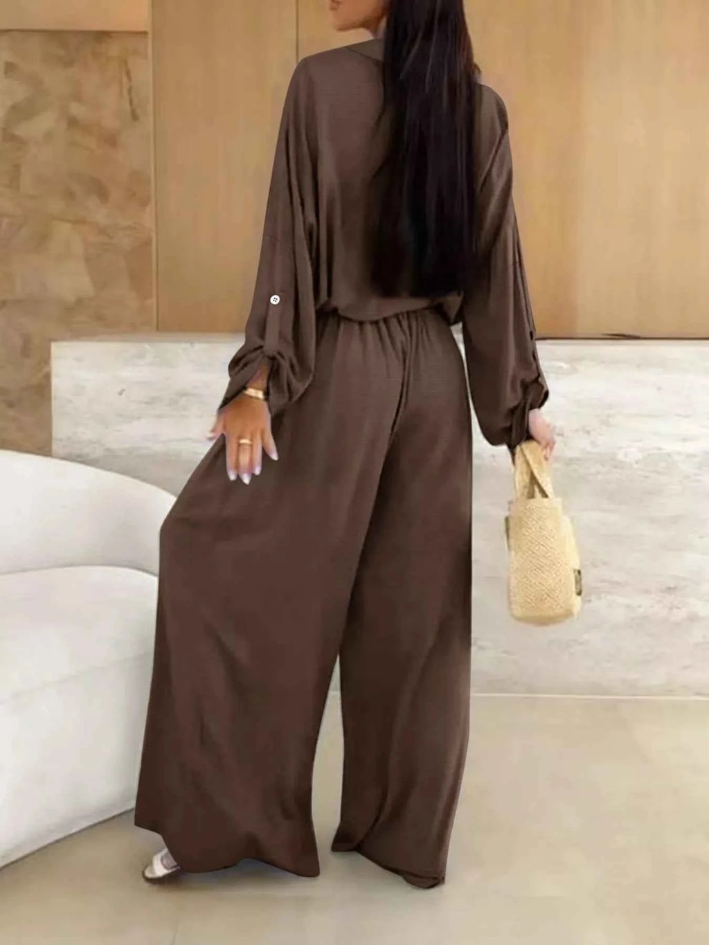Long Sleeve Shirt and Wide Leg Pants Set