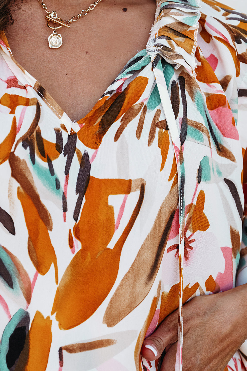 Yellow Abstract Print Drawstring Frilled V Neck 3/4 Sleeve Blouse Dear-Lover Dropshipping