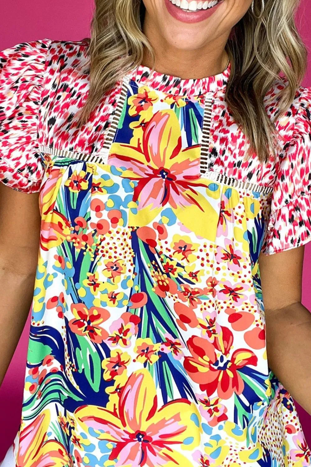 Printed Round Neck Cap Sleeve Blouse.