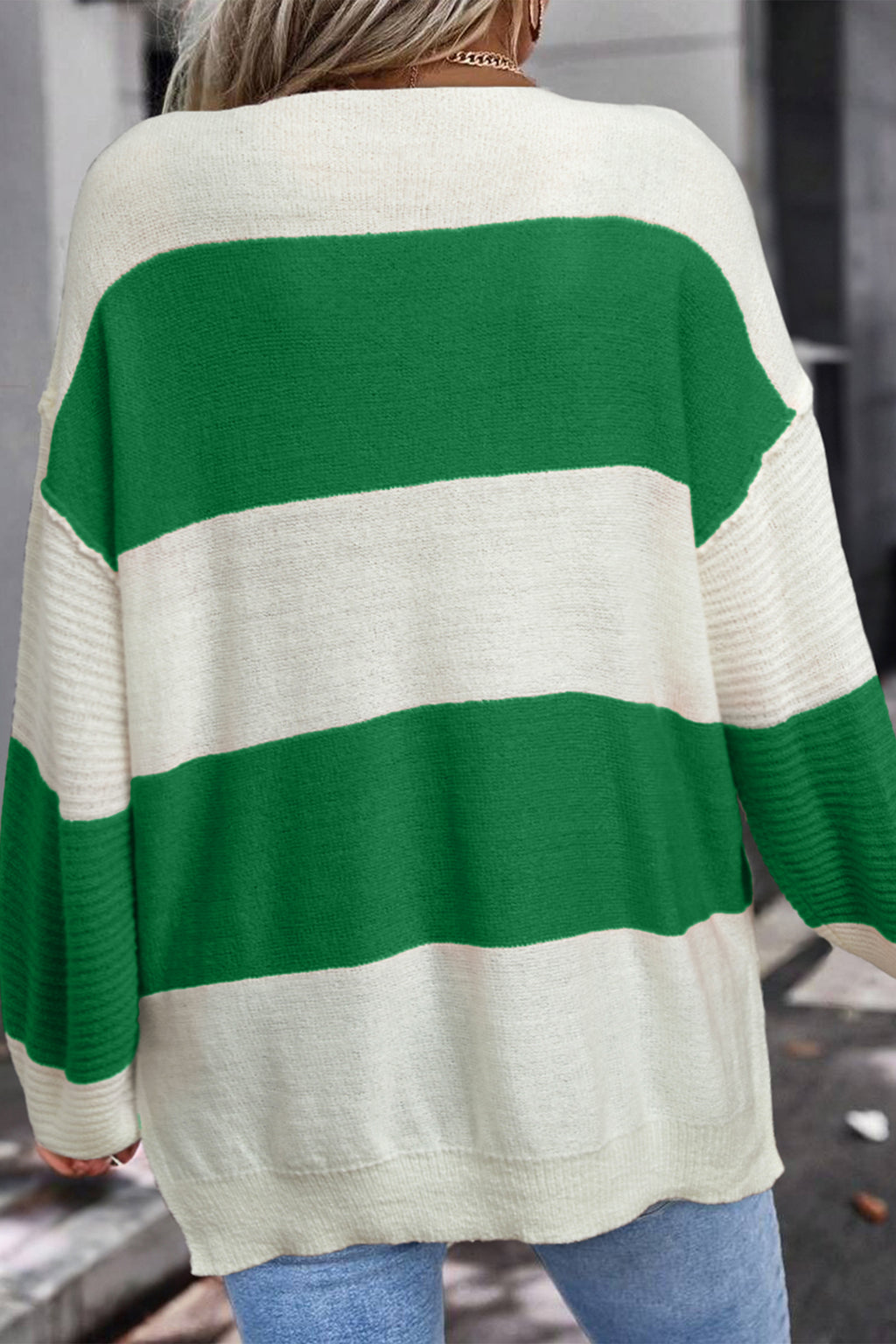 Green Stripe Loose Color Block Drop Shoulder Bubble Sleeve Sweater