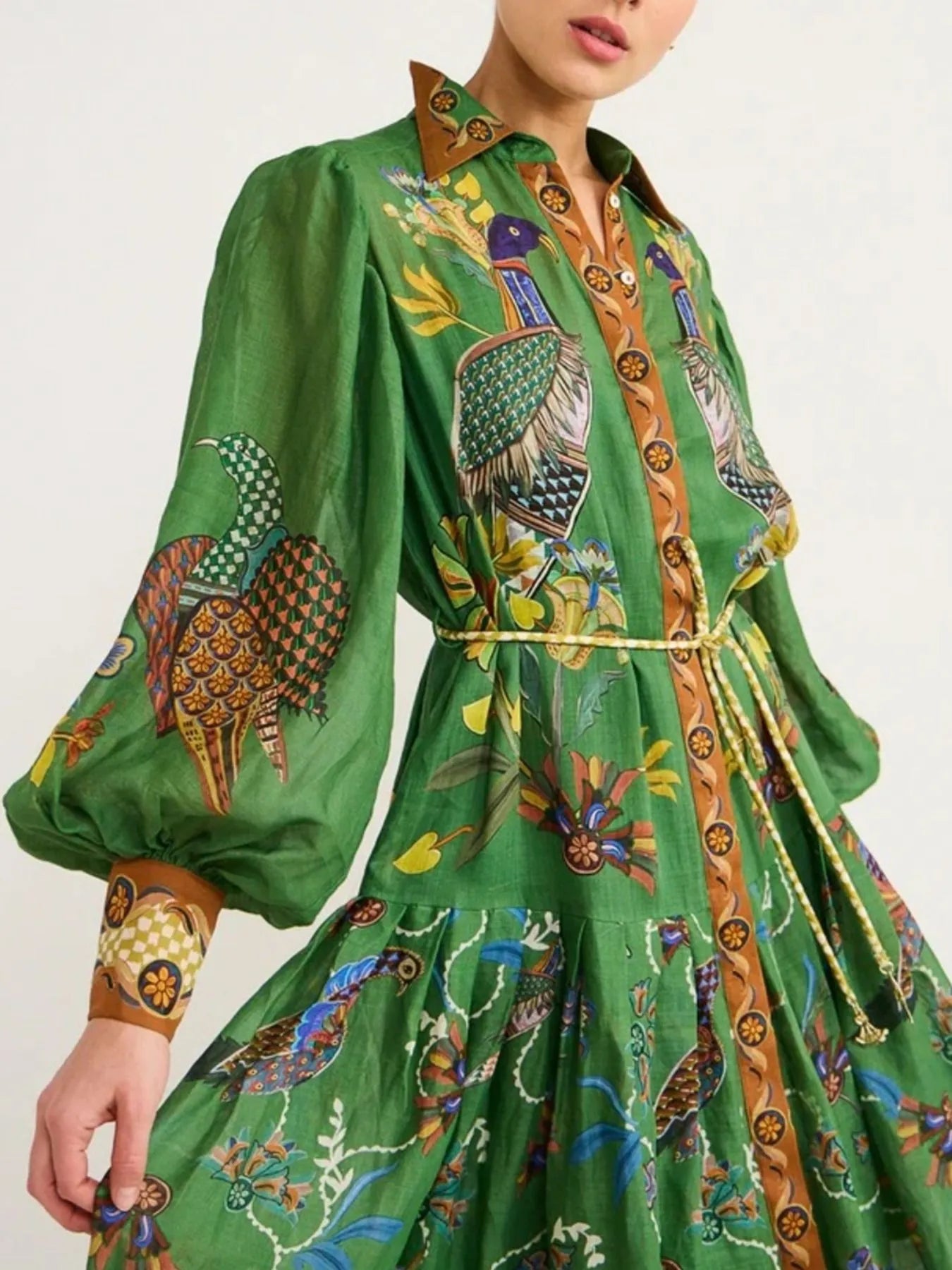 Printed Lantern Sleeve Maxi Shirt Dress.