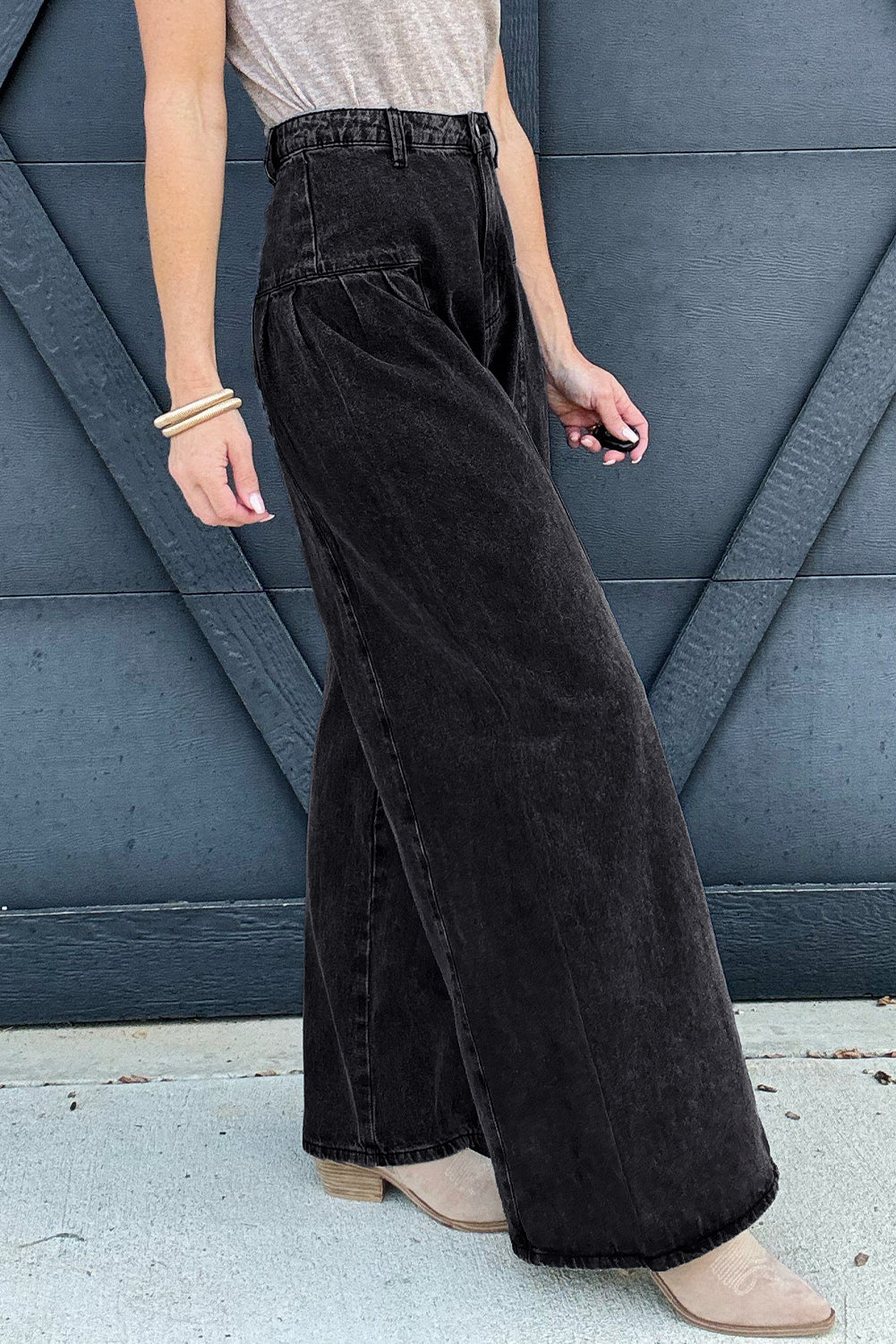 Dark Grey Pleated Wide Leg Mineral Wash Denim Pants Dear-Lover Dropshipping
