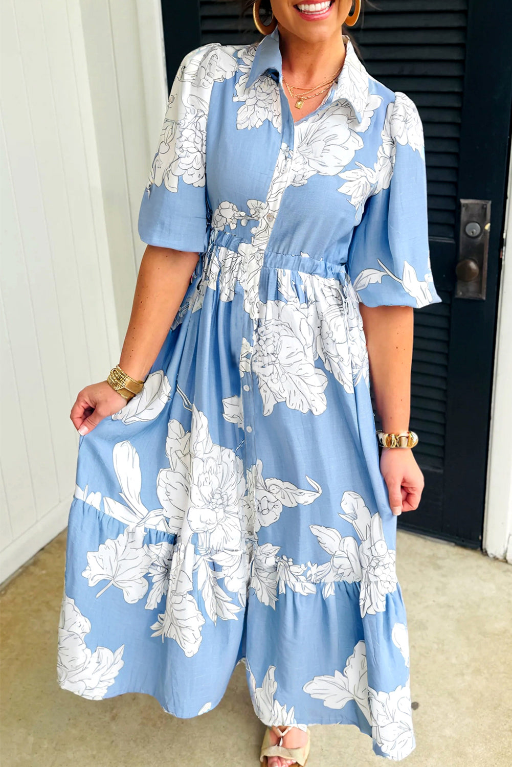 Sky Blue Floral Print Shirt Collar Button Down 3/4 Sleeve Ruffle Hem Long Dress Dear-Lover Dropshipping