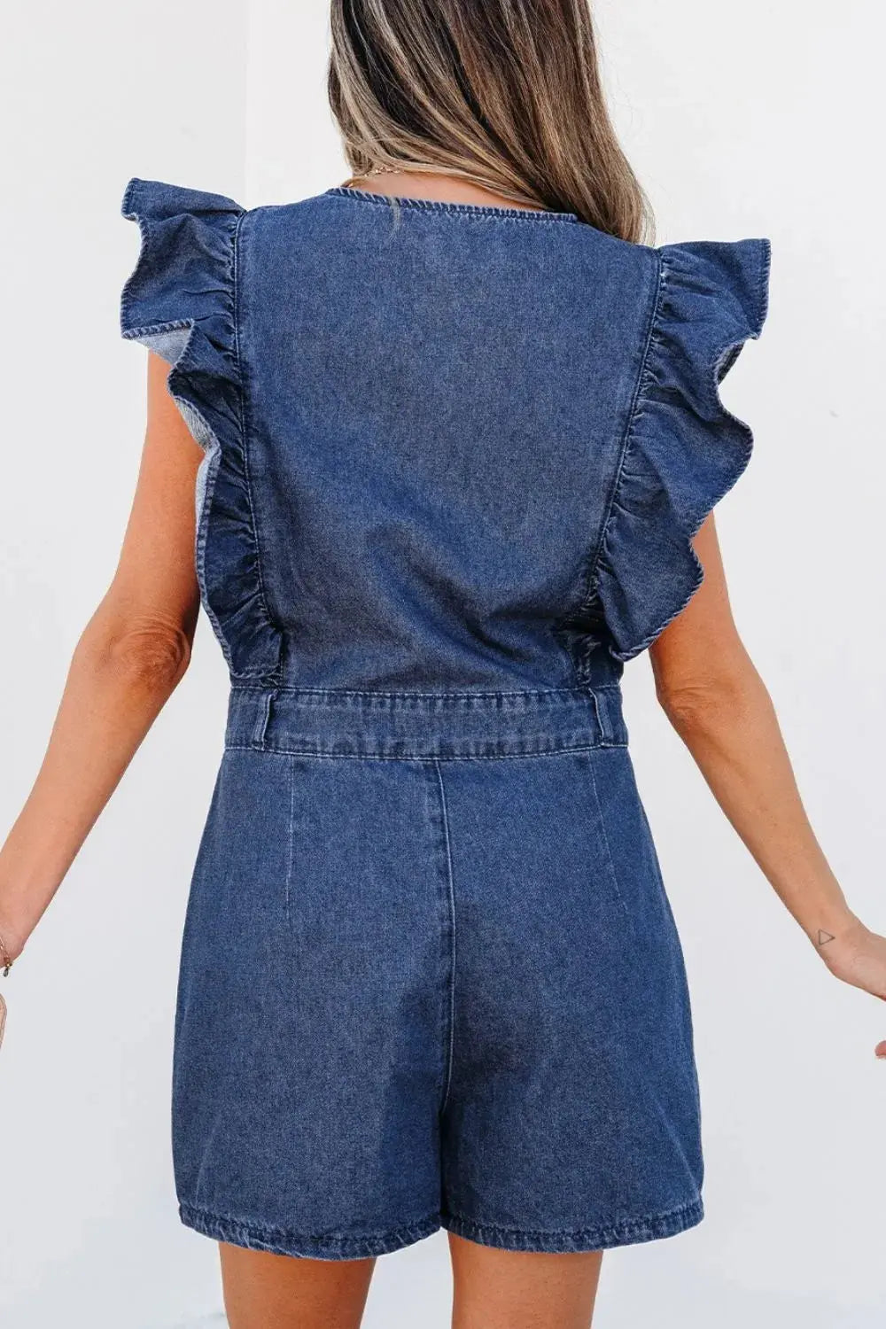 Denim Ruffled Zipped Front Belted Romper.