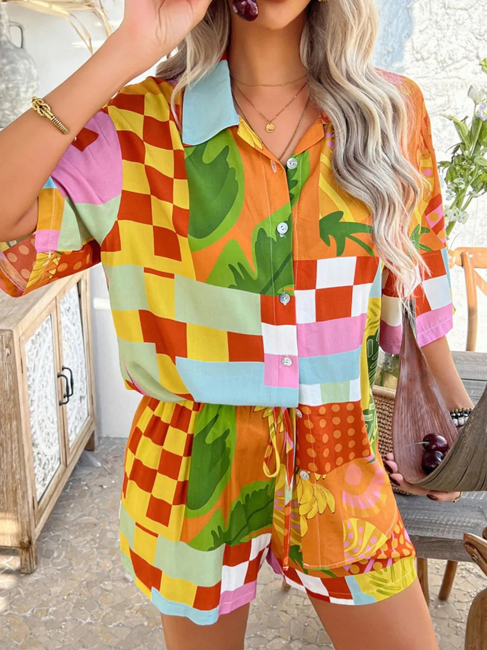 Neck Half Sleeve Top and Shorts Set WOMEN - CHIC TB