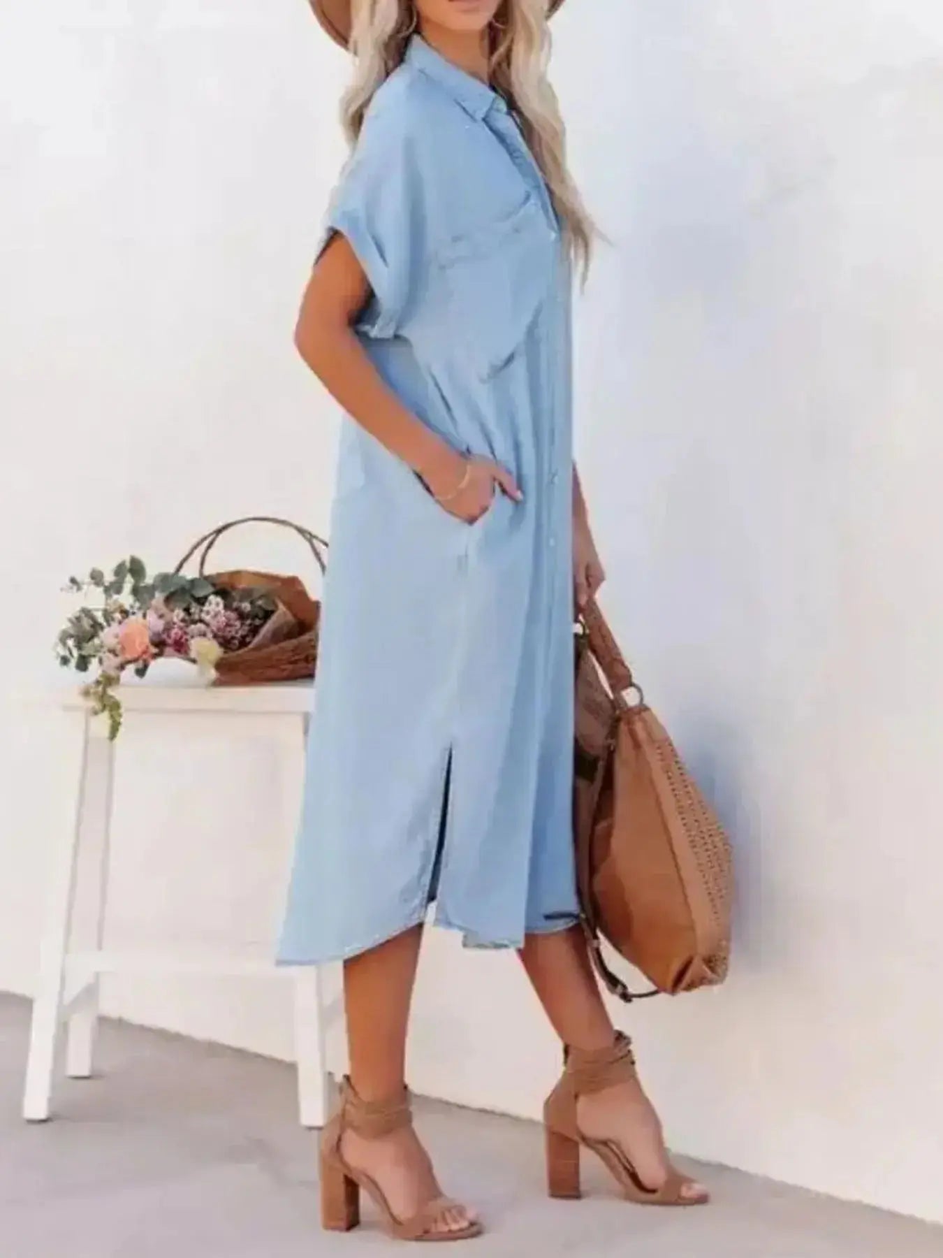 Button Down Denim Midi Shirt Dress.
