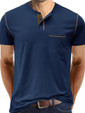 Men's Full Size Casual Henley T-Shirt with Contrast Stitching and Pocket Plus Size.