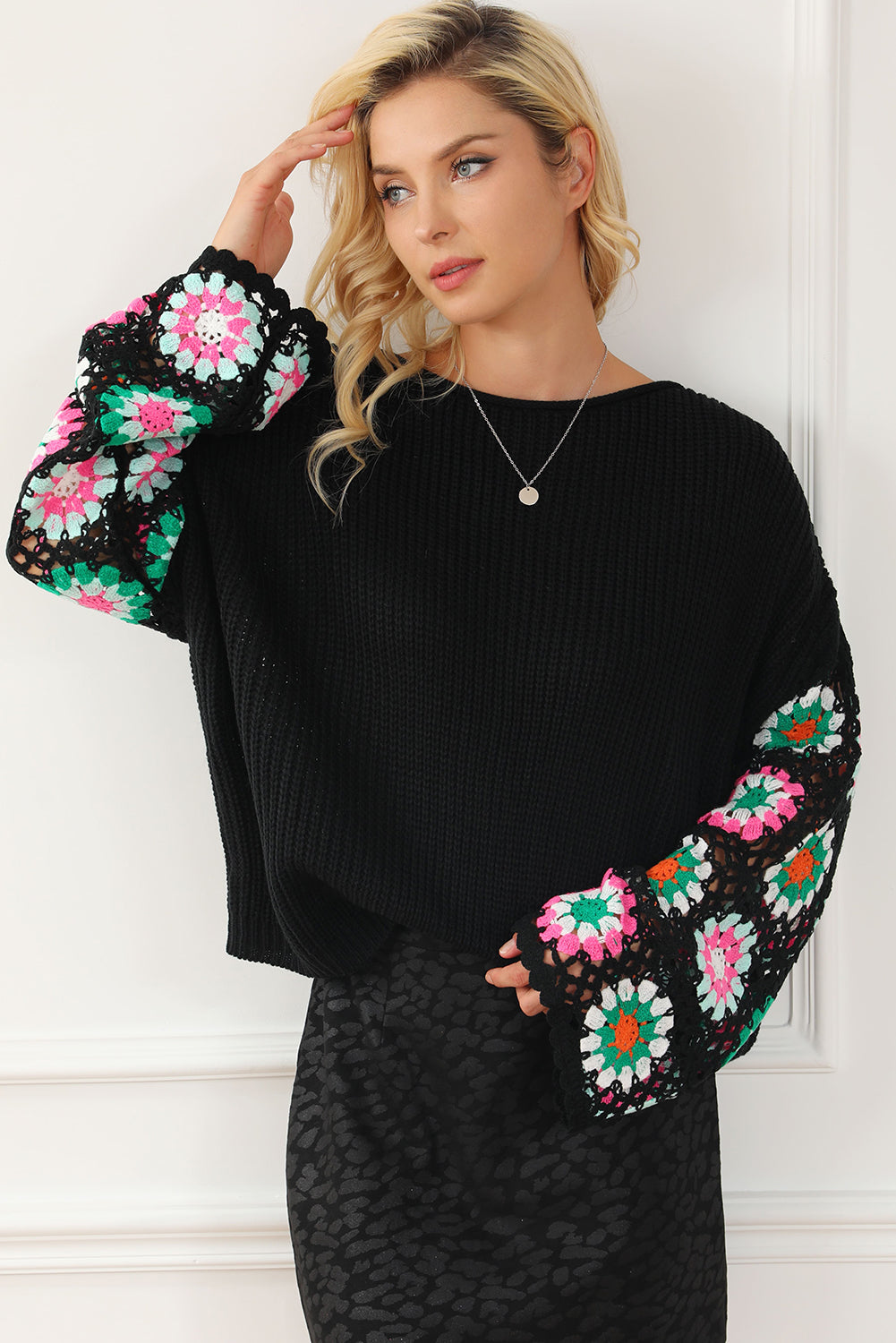 Black Floral Crochet Bell Sleeve Loose Sweater Dear-Lover Dropshipping