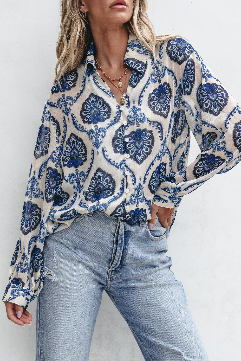 Blue Tribal Pattern Buttoned Front Loose Shirt Dear-Lover Dropshipping