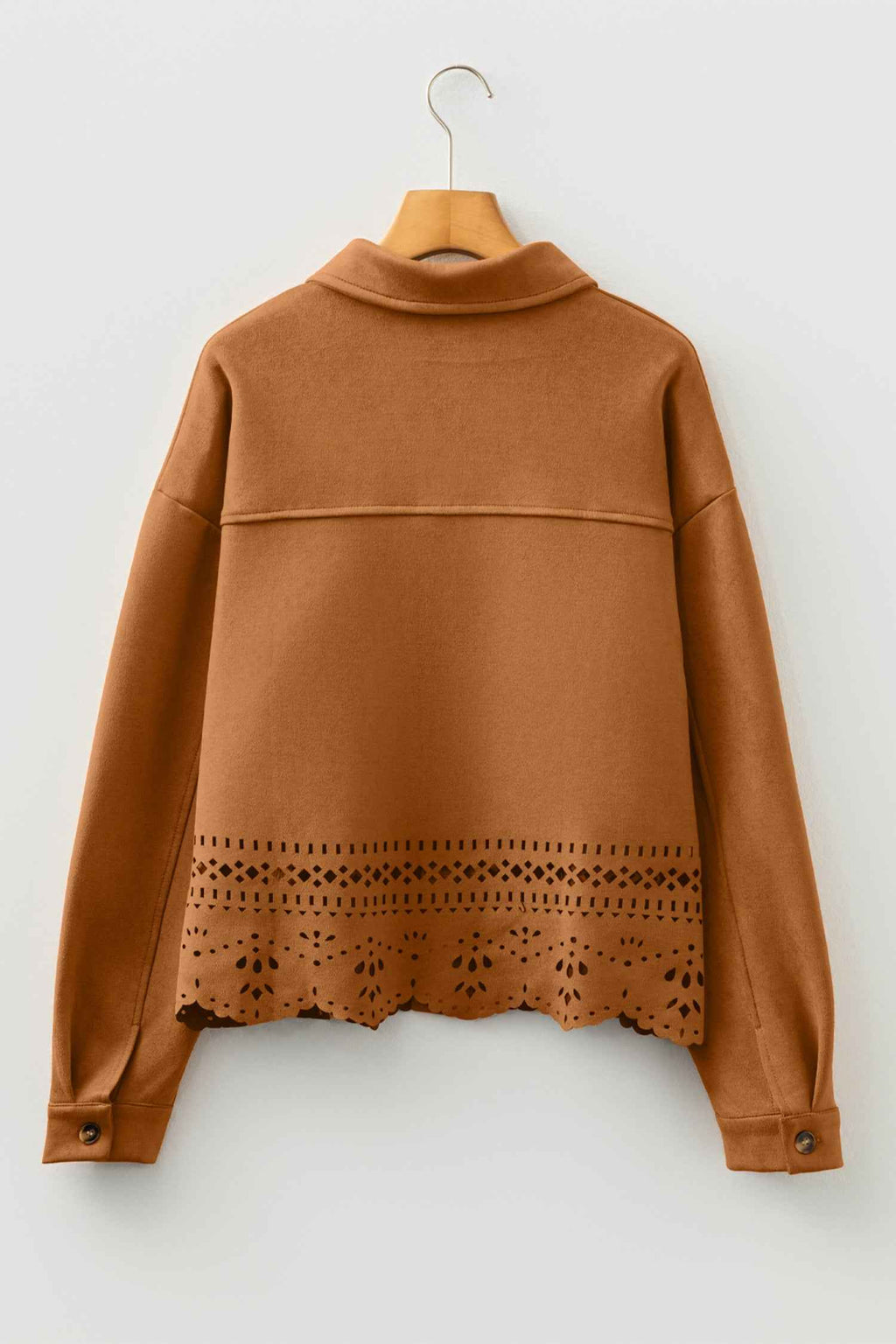 Thai Curry Solid Color Faux Suede Hollowed Detail Retro Style Jacket