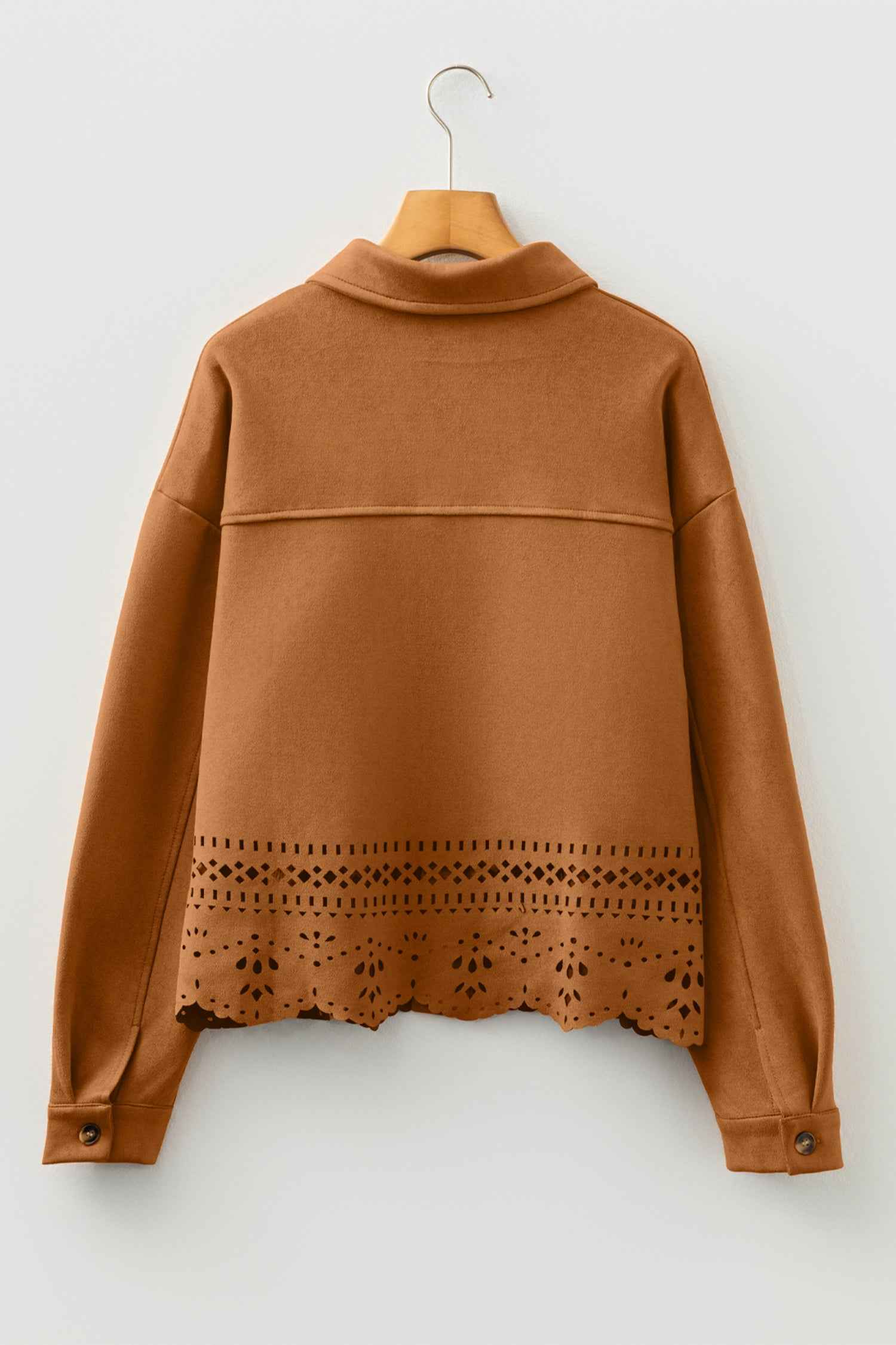 Thai Curry Solid Color Faux Suede Hollowed Detail Retro Style Jacket