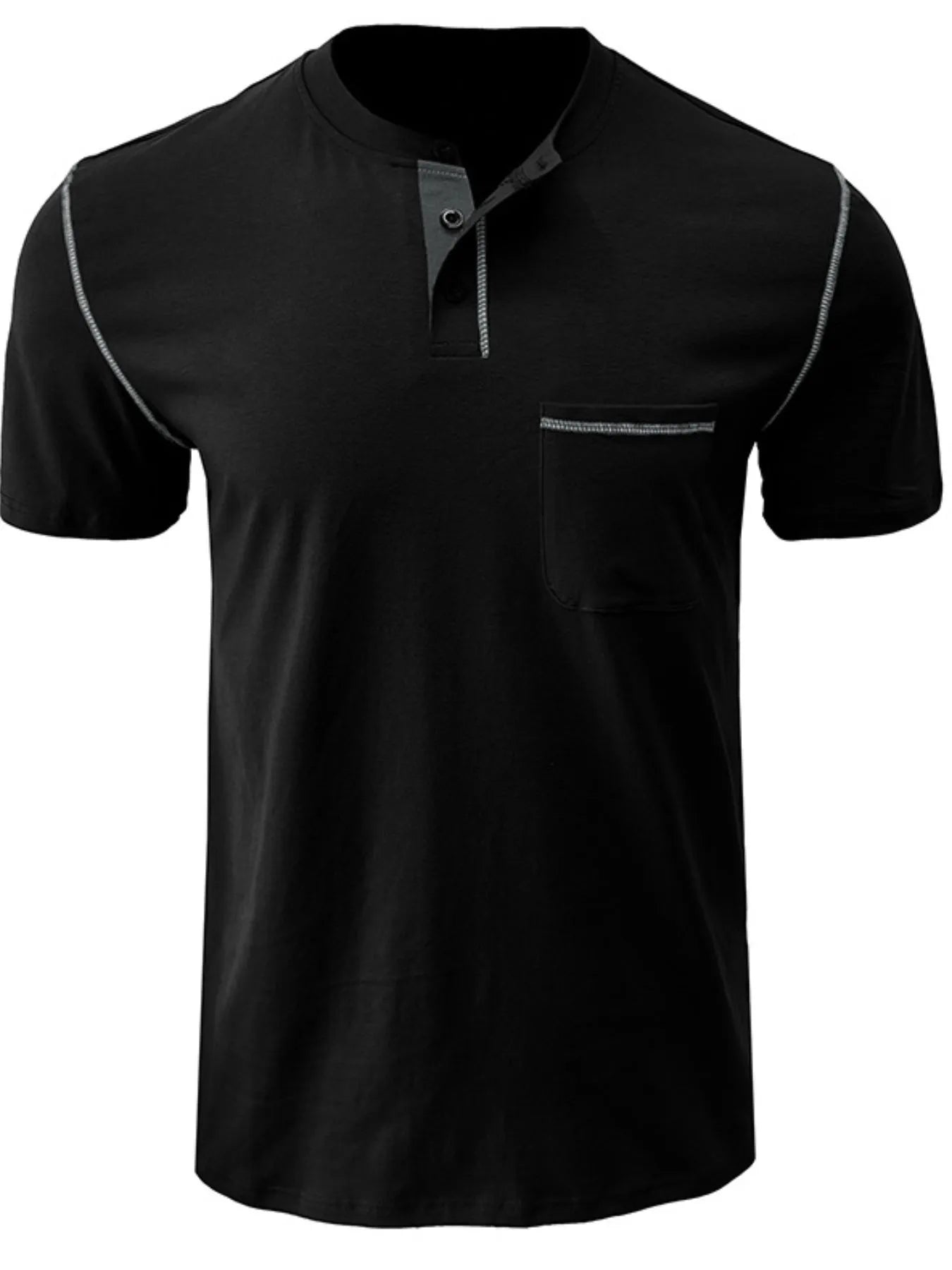 Men's Full Size Casual Henley T-Shirt with Contrast Stitching and Pocket Plus Size.