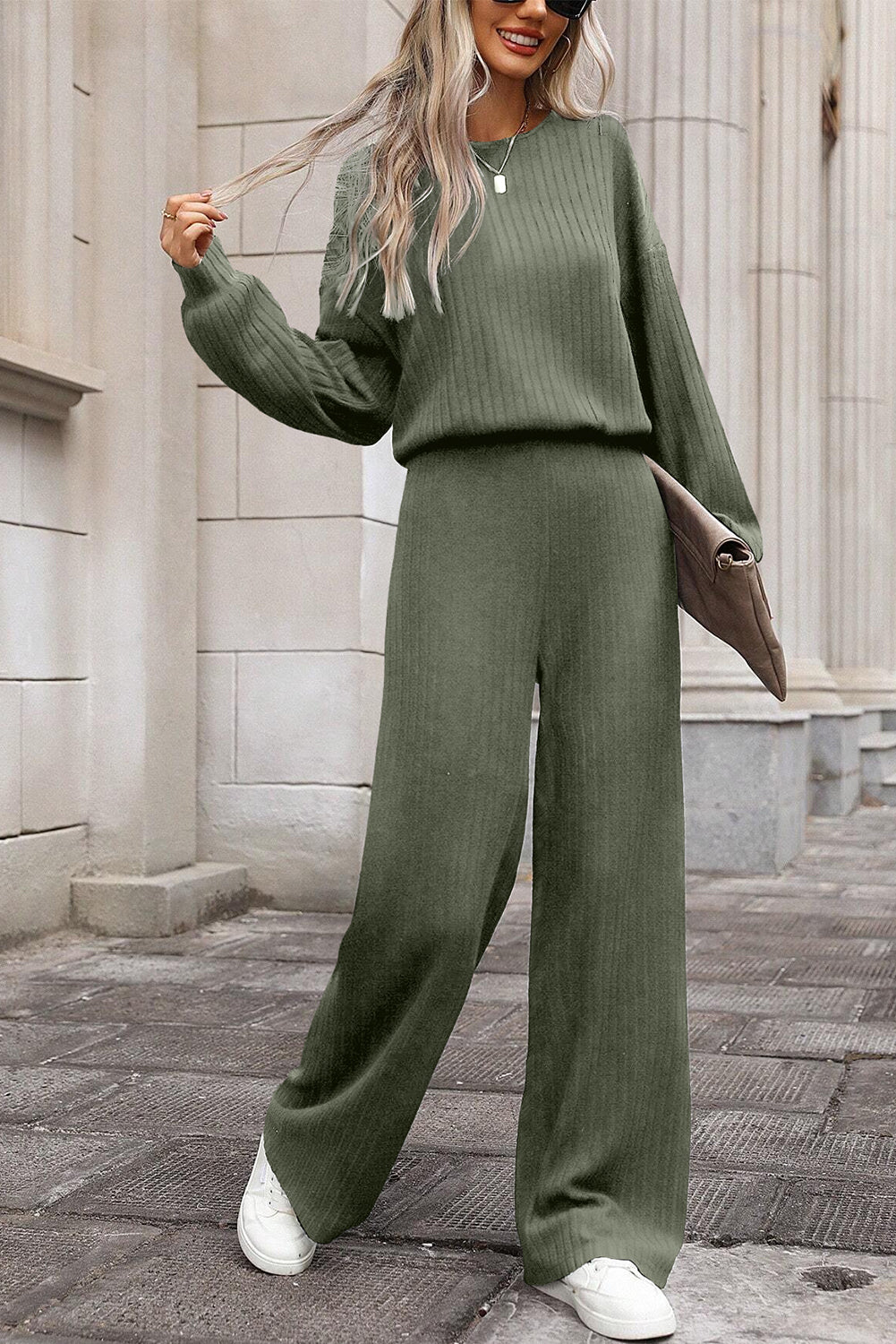 Laurel Green Solid Ribbed Knit Keyhole Back High Waist Jumpsuit Dear-Lover Dropshipping