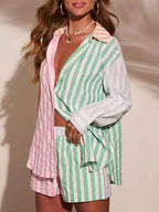 Casual Striped Button Up Shirt And Shorts Two Piece Set For Women